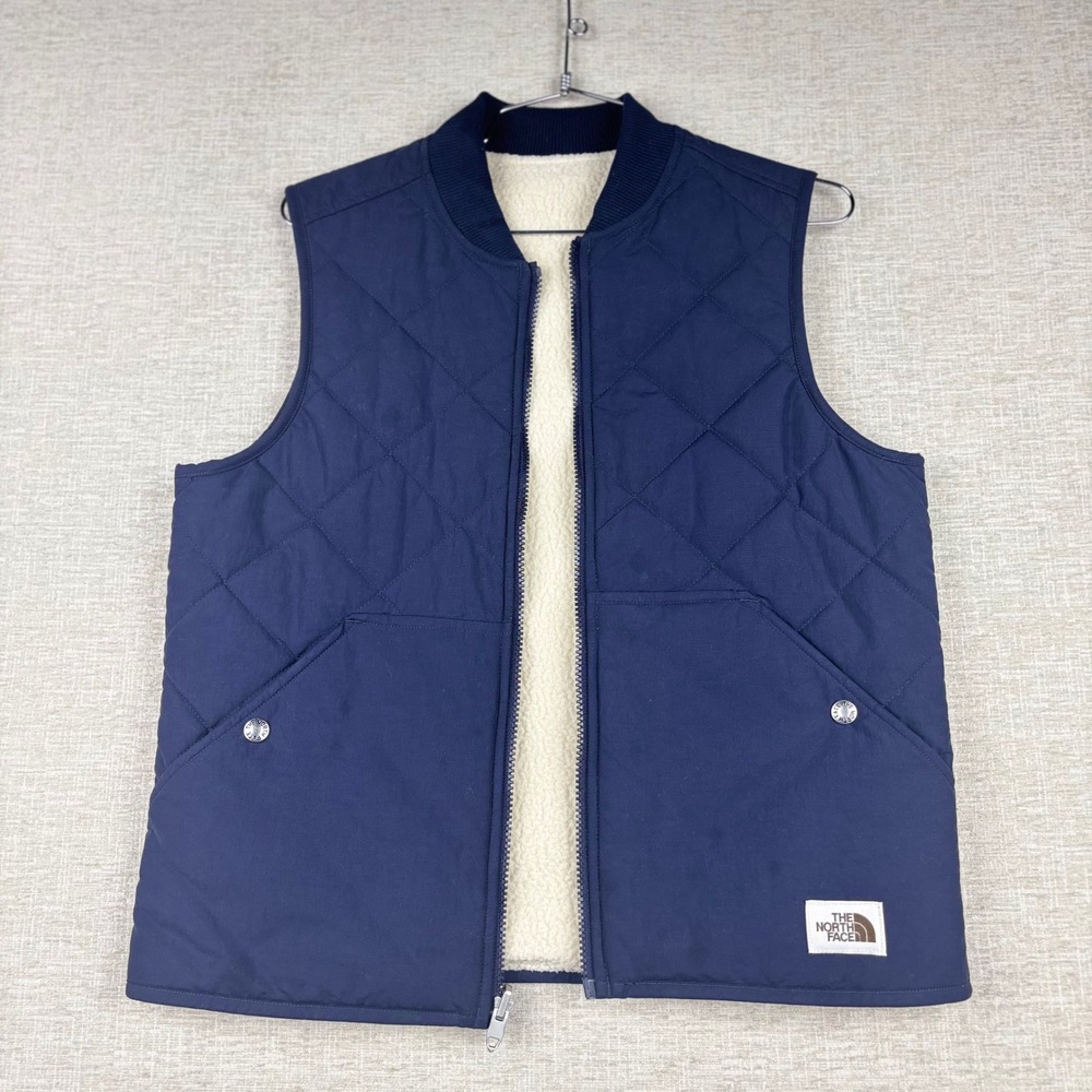 The North Face Mens Quilted Sherpa Lined Bomber Vest Navy Blue Full Zip